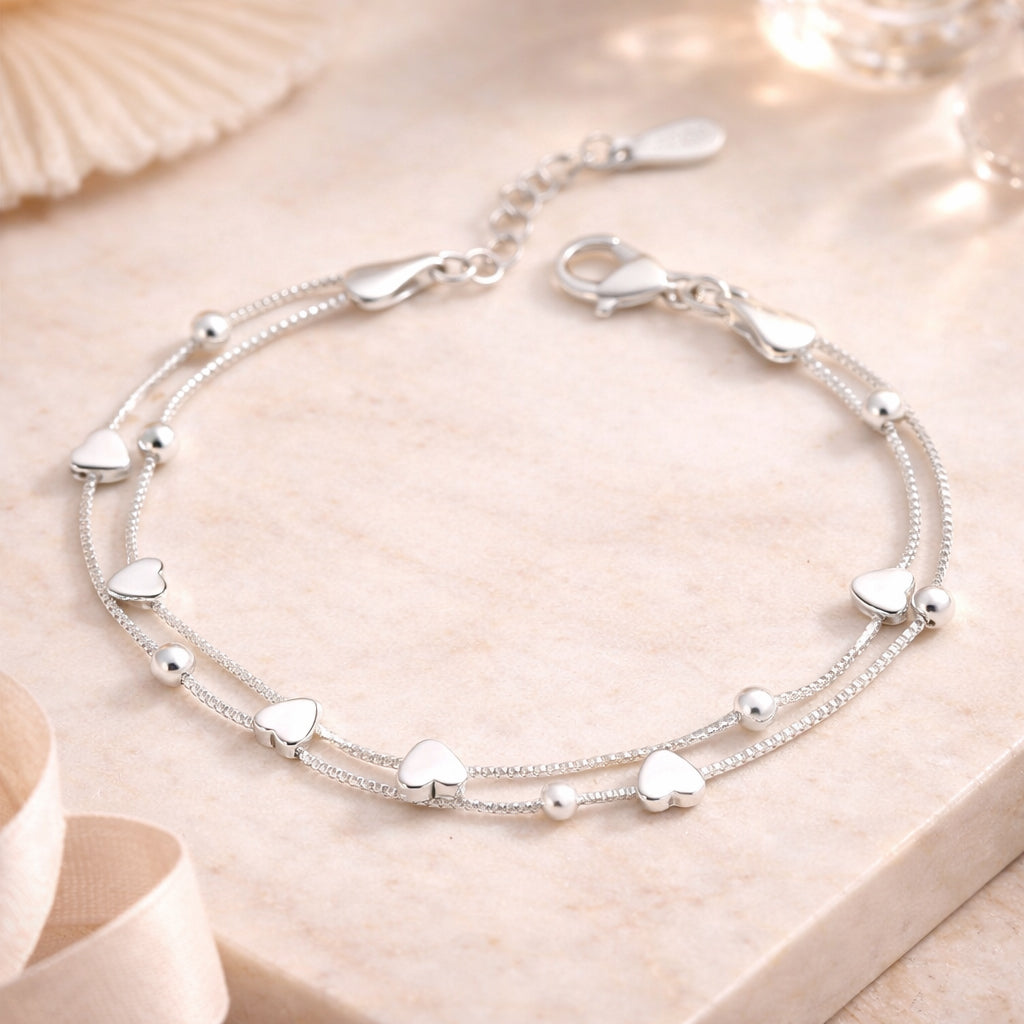 Armband aus 925er Sterling-Silber, 2-lagig mit Herzchen und Kugel