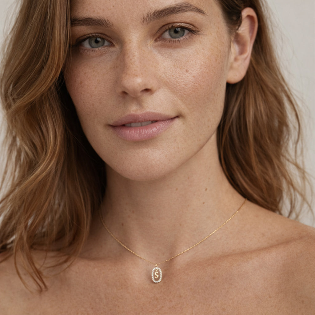 Damen Buchstaben Anhänger 925 Sterling Silber goldfarben mit Strasskreis 43cm Kette  - verschiedene Buchstaben