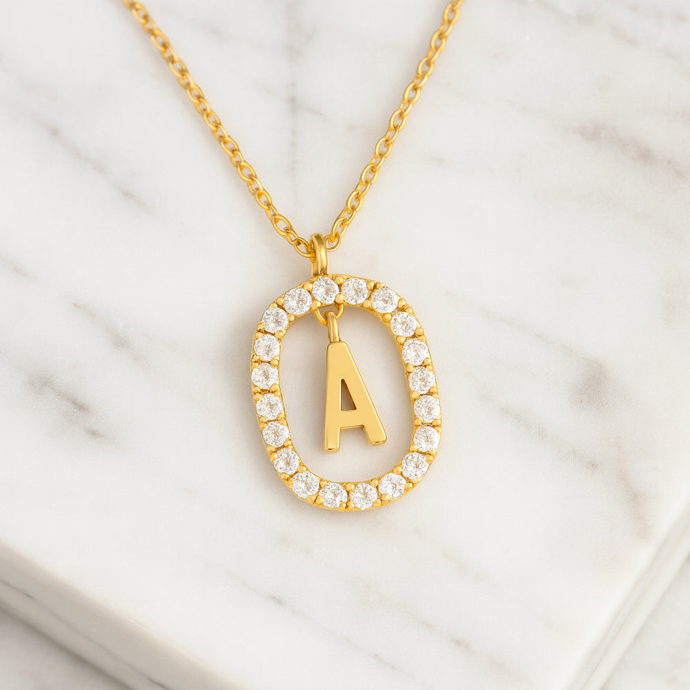 Damen Buchstaben Anhänger 925 Sterling Silber goldfarben mit Strasskreis 43cm Kette  - verschiedene Buchstaben