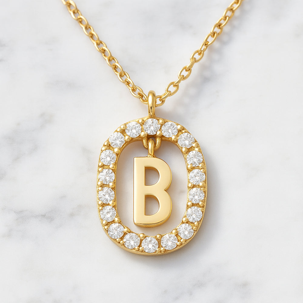 Damen Buchstaben Anhänger 925 Sterling Silber goldfarben mit Strasskreis 43cm Kette  - verschiedene Buchstaben