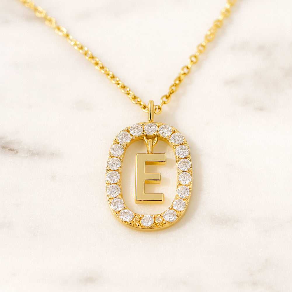 Damen Buchstaben Anhänger 925 Sterling Silber goldfarben mit Strasskreis 43cm Kette  - verschiedene Buchstaben