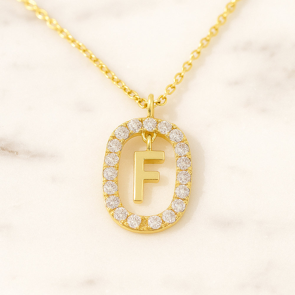 Damen Buchstaben Anhänger 925 Sterling Silber goldfarben mit Strasskreis 43cm Kette  - verschiedene Buchstaben