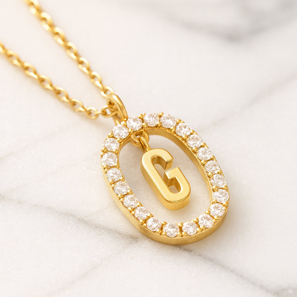 Damen Buchstaben Anhänger 925 Sterling Silber goldfarben mit Strasskreis 43cm Kette  - verschiedene Buchstaben