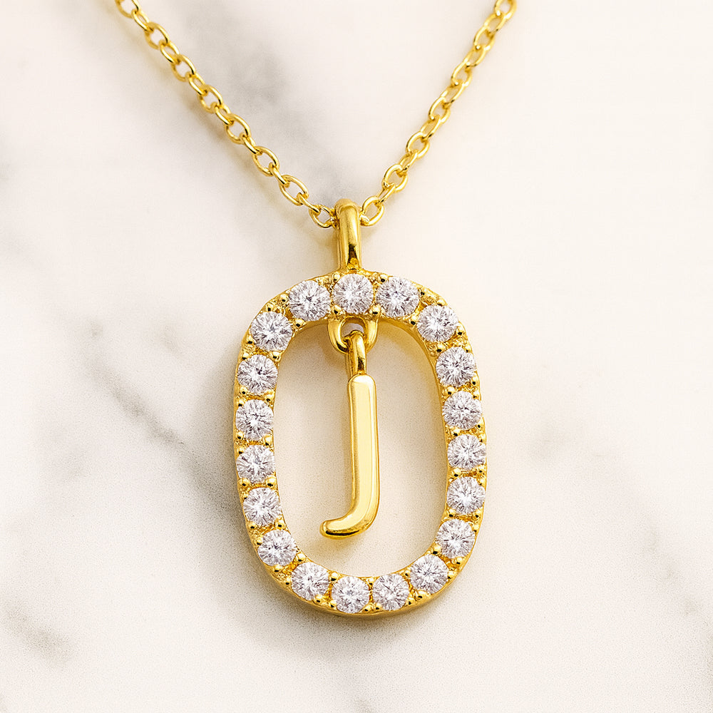 Damen Buchstaben Anhänger 925 Sterling Silber goldfarben mit Strasskreis 43cm Kette  - verschiedene Buchstaben