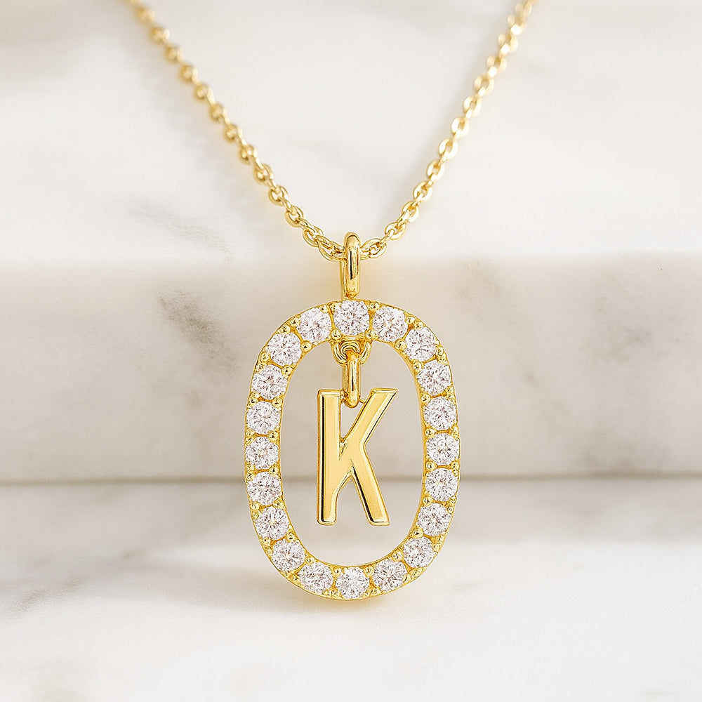 Damen Buchstaben Anhänger 925 Sterling Silber goldfarben mit Strasskreis 43cm Kette  - verschiedene Buchstaben