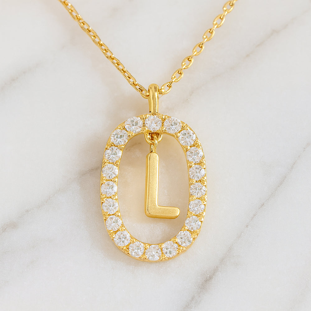 Damen Buchstaben Anhänger 925 Sterling Silber goldfarben mit Strasskreis 43cm Kette  - verschiedene Buchstaben