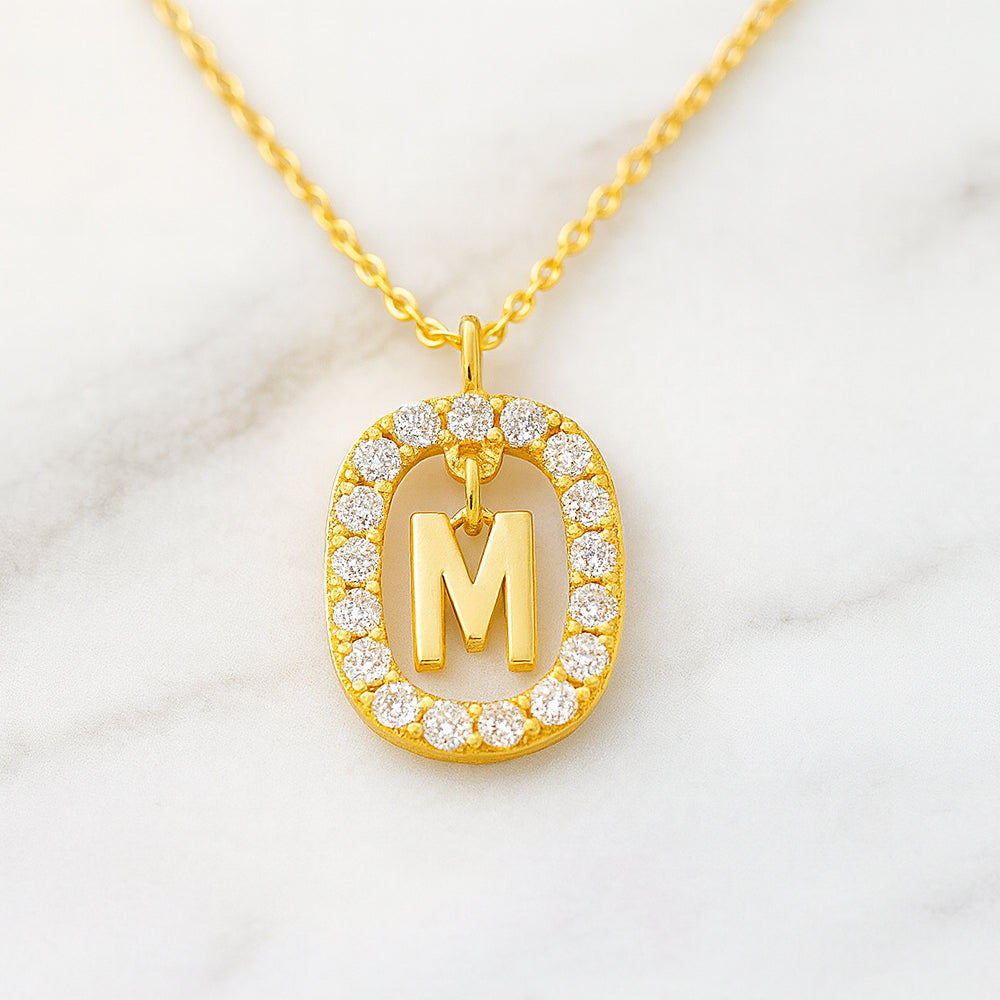 Damen Buchstaben Anhänger 925 Sterling Silber goldfarben mit Strasskreis 43cm Kette  - verschiedene Buchstaben