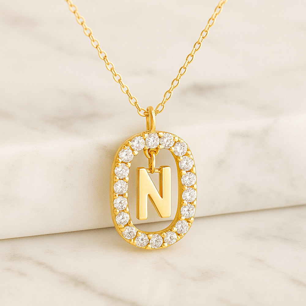 Damen Buchstaben Anhänger 925 Sterling Silber goldfarben mit Strasskreis 43cm Kette  - verschiedene Buchstaben