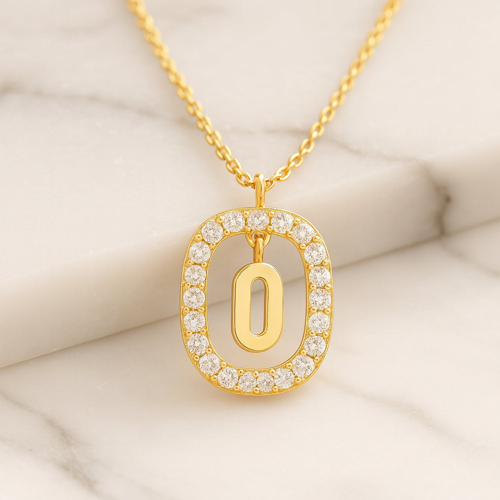 Damen Buchstaben Anhänger 925 Sterling Silber goldfarben mit Strasskreis 43cm Kette  - verschiedene Buchstaben