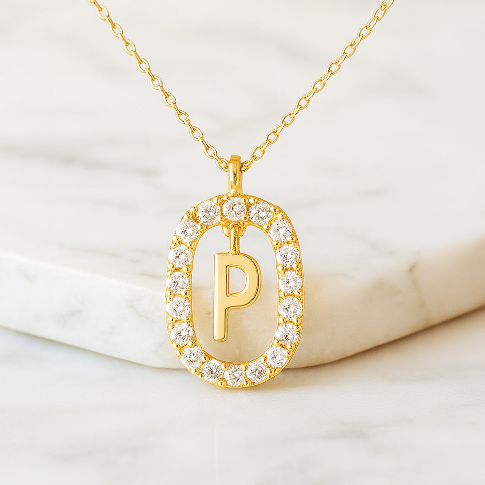 Damen Buchstaben Anhänger 925 Sterling Silber goldfarben mit Strasskreis 43cm Kette  - verschiedene Buchstaben