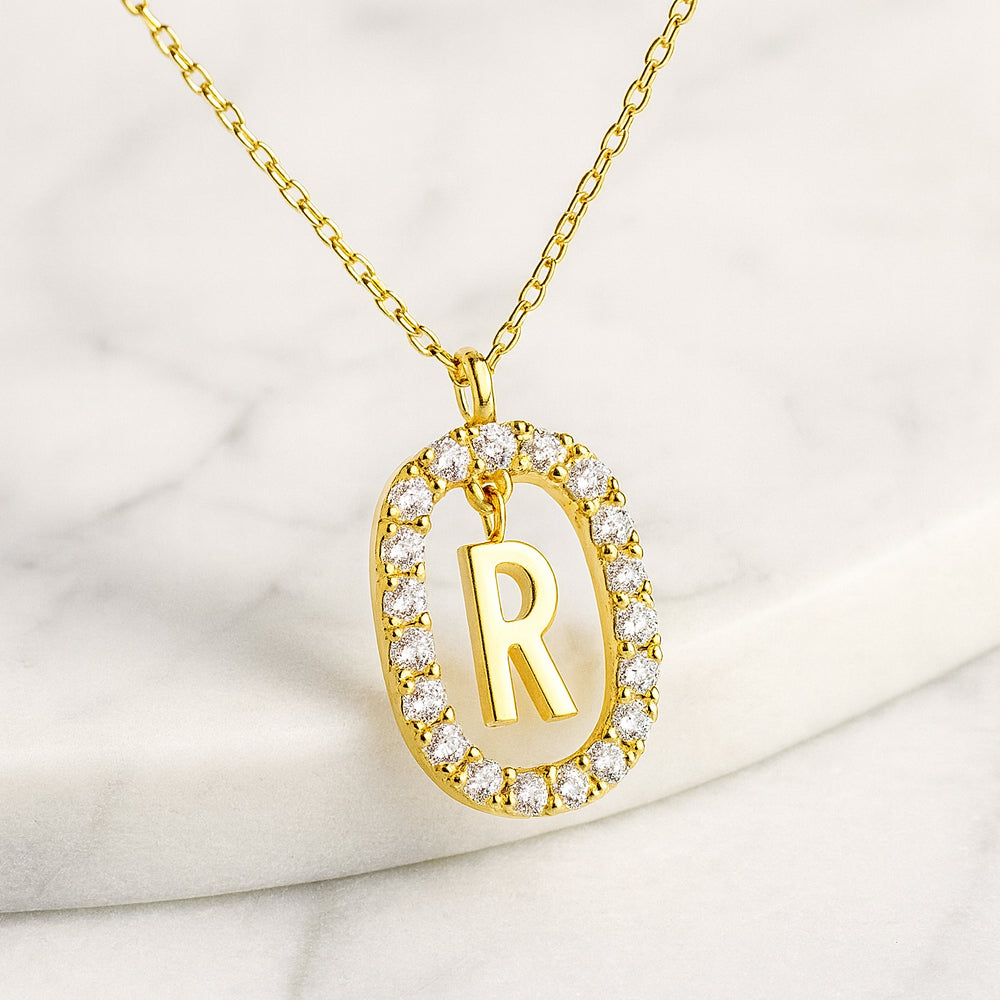 Damen Buchstaben Anhänger 925 Sterling Silber goldfarben mit Strasskreis 43cm Kette  - verschiedene Buchstaben