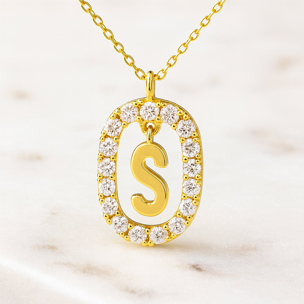 Damen Buchstaben Anhänger 925 Sterling Silber goldfarben mit Strasskreis 43cm Kette  - verschiedene Buchstaben