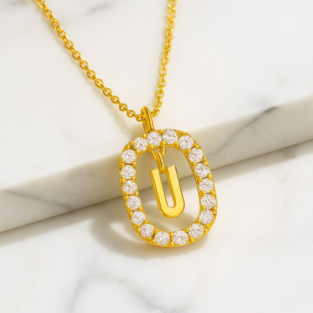 Damen Buchstaben Anhänger 925 Sterling Silber goldfarben mit Strasskreis 43cm Kette  - verschiedene Buchstaben