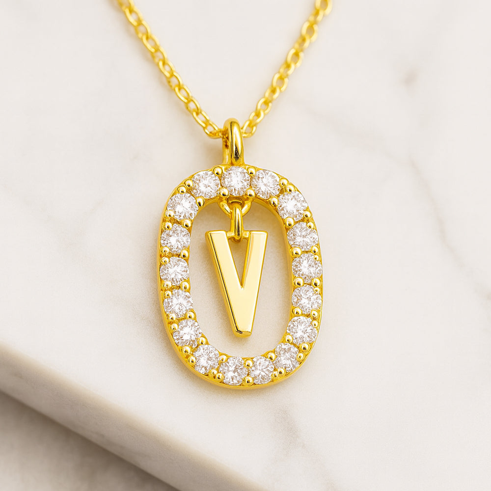 Damen Buchstaben Anhänger 925 Sterling Silber goldfarben mit Strasskreis 43cm Kette  - verschiedene Buchstaben