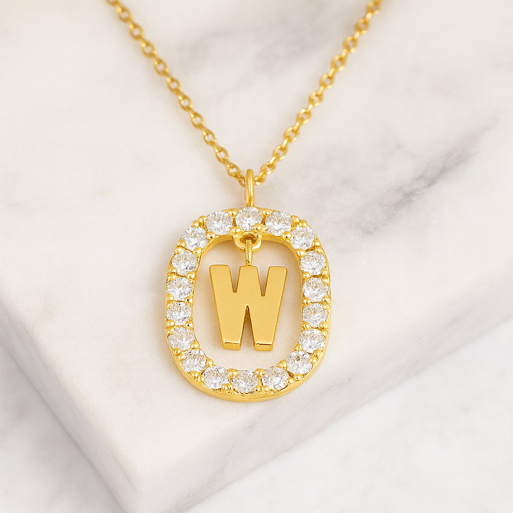 Damen Buchstaben Anhänger 925 Sterling Silber goldfarben mit Strasskreis 43cm Kette  - verschiedene Buchstaben