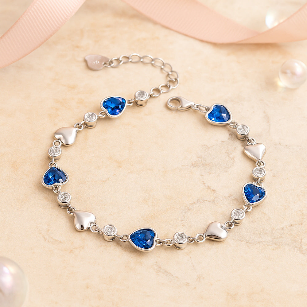 Armband aus 925er Sterling-Silber, Gliederarmband mit blauem Herz