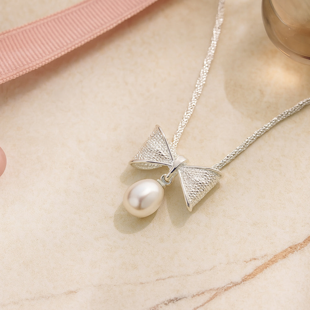 Kette mit Anhänger aus 925er Sterling-Silber, Schleife mit Perle